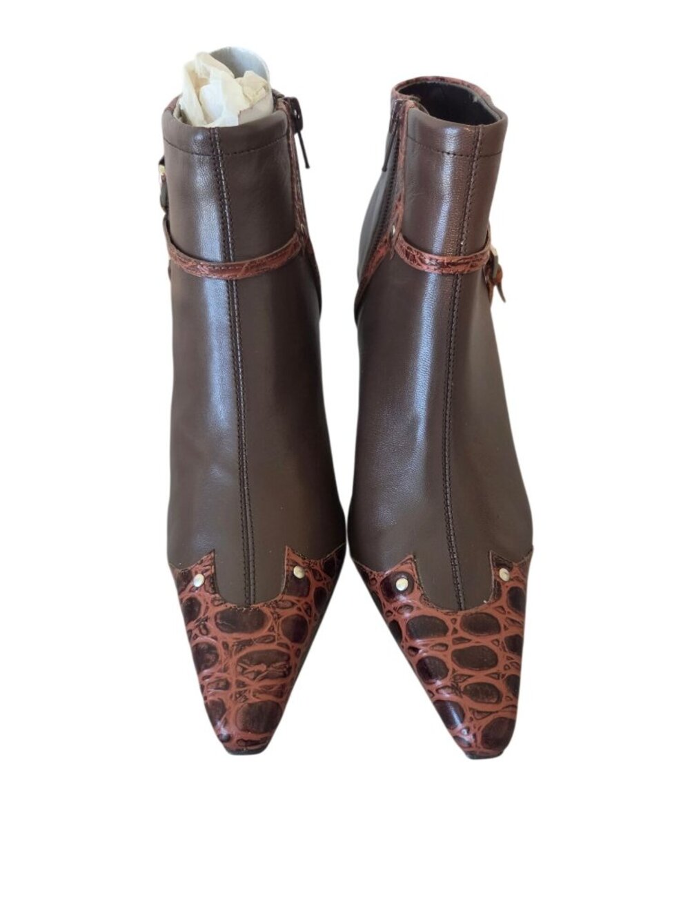 Bijou Liz Womens 8W Brown Leather Croc Ankle Boots Y2K Western Pointed Toe